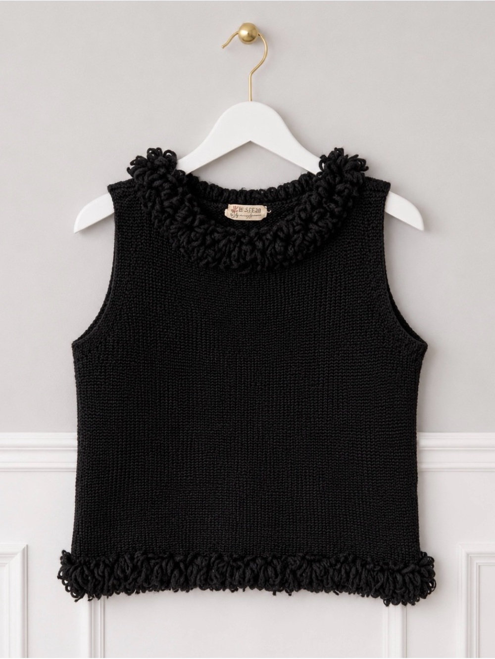 Vintage Sleeveless Black Knit 100% Virgin Wool Tank with Loop-Trim Collar
